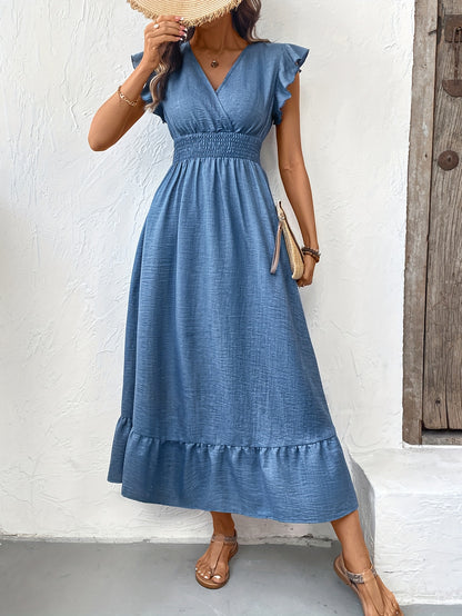 Women's Midi Dress - V-Neck Wrap Style - Flutter Sleeves - Smocked Waist - Ruffle Hem