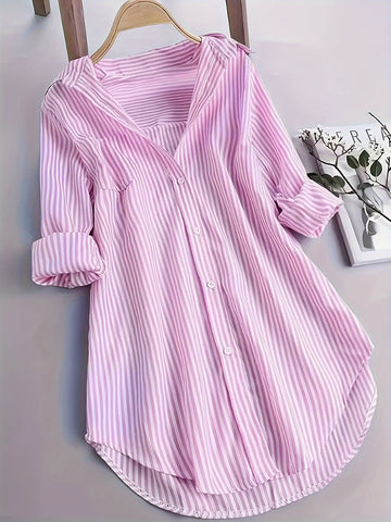 Women's Button-Up Shirt - Striped Print - Loose Fit Tunic - Long Sleeve Casual Wear