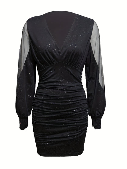 Women's Bodycon Mini Dress - V-Neck Ruched Fit - Sheer Long Sleeves Elegant Wear