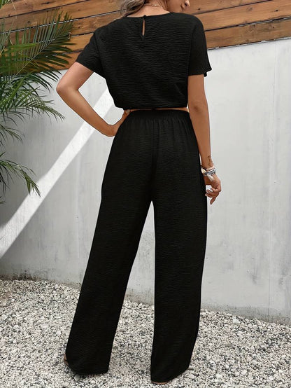 Two-piece wide-leg pants and crop top set for summer women