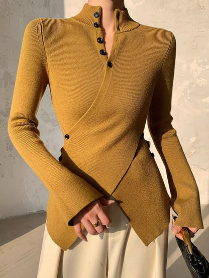Women's high neck wrap style irregular hem knit top