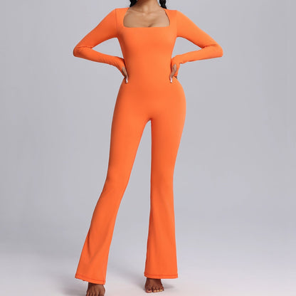 Women's Long-Sleeve Wide-Leg Jumpsuit - Breathable Yoga & Fitness Bodysuit