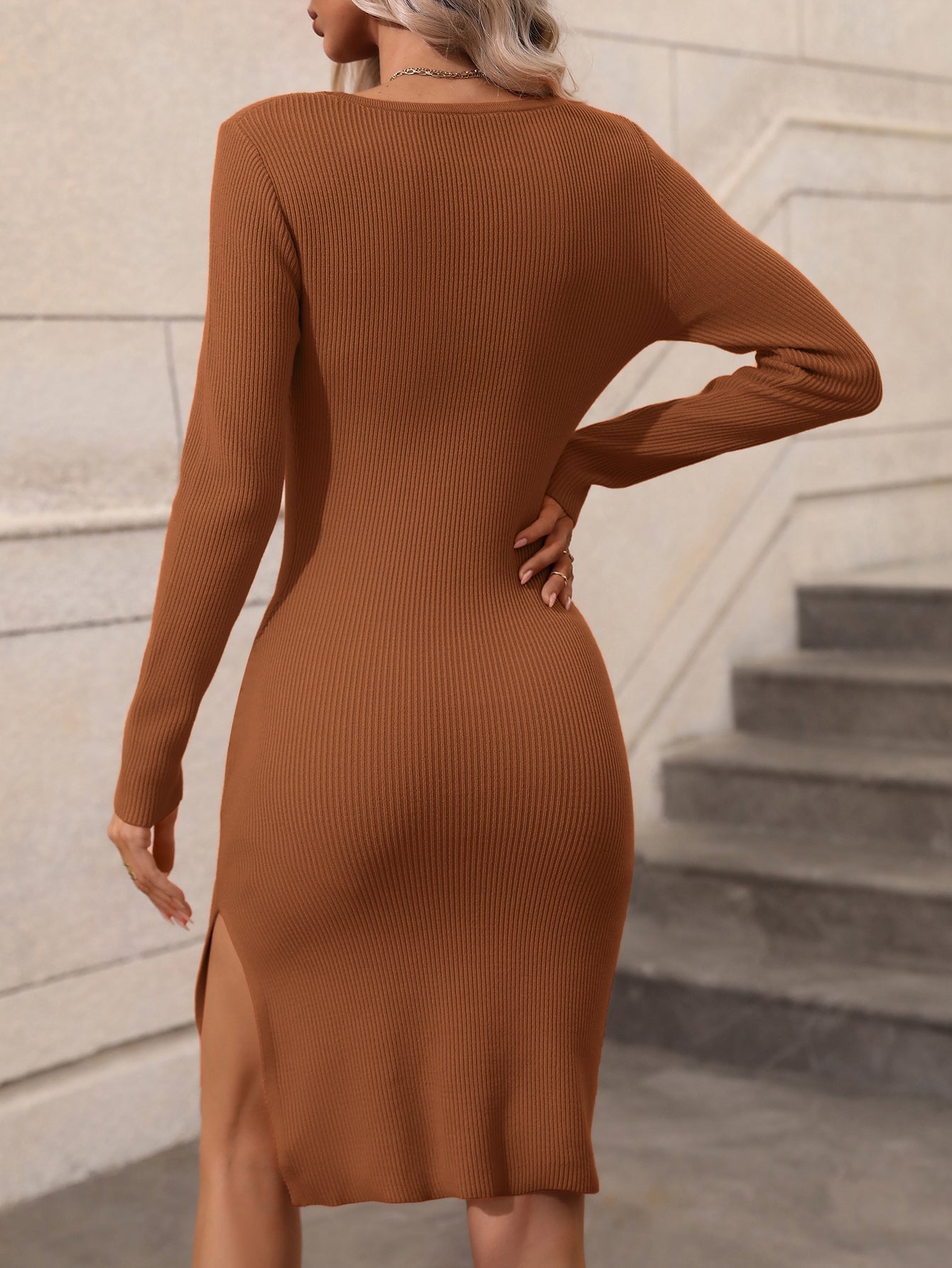 Women's Knit Bodycon Dress - Ribbed Texture - Long Sleeve - Square Neck
