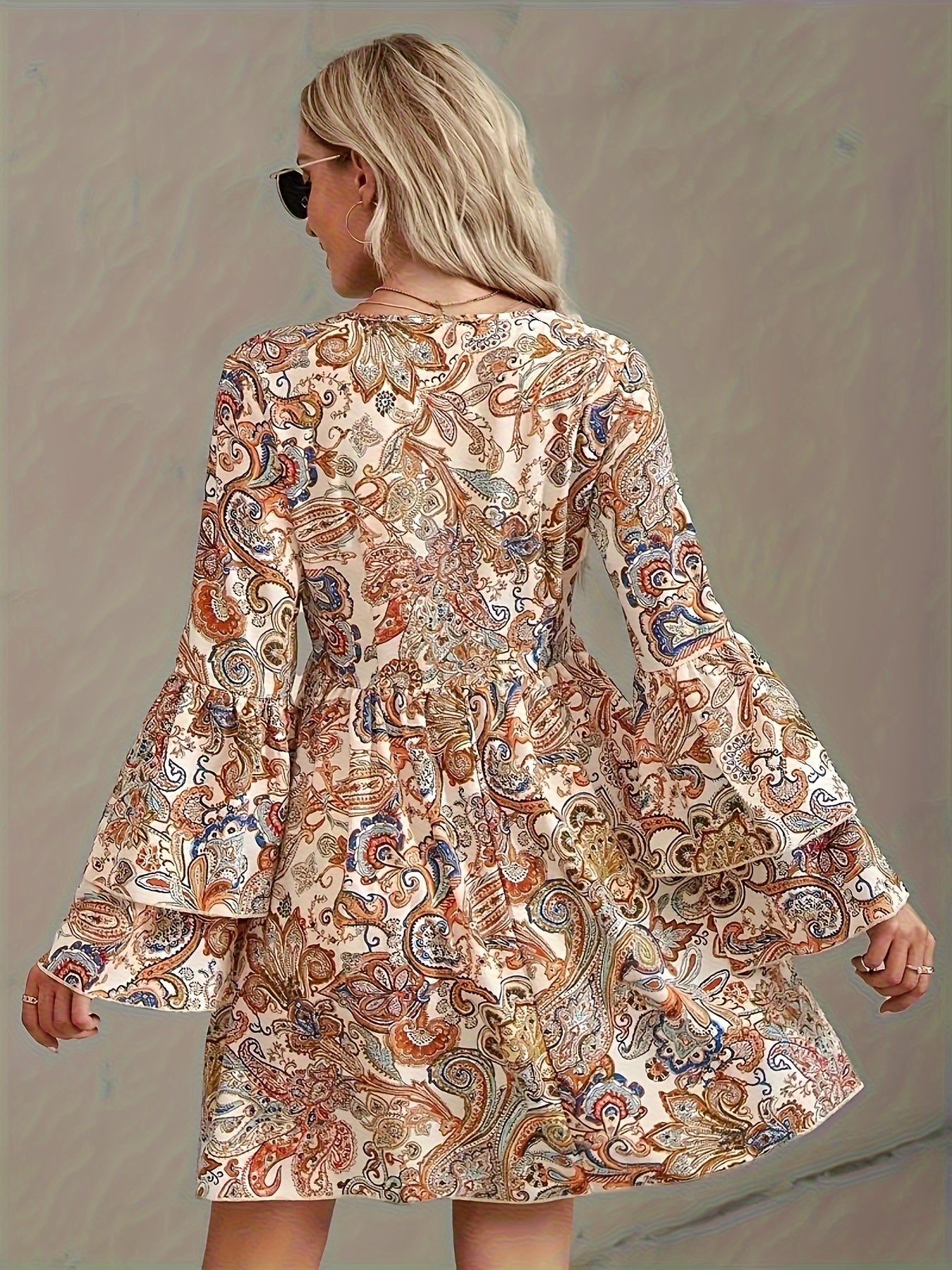 Women's Bohemian Dress - V-Neck A-Line - Bell Sleeve - Paisley Print - Mini Length