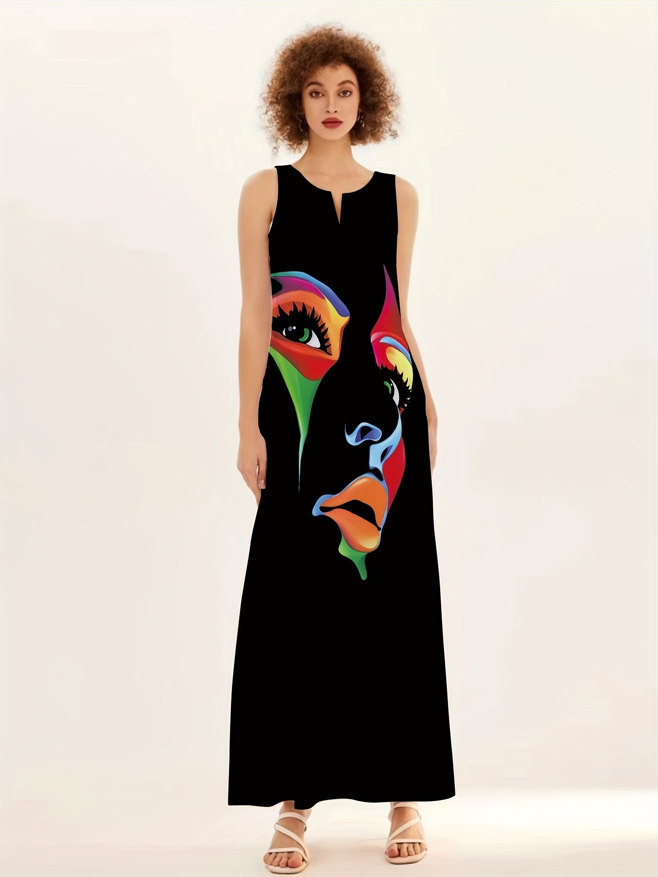 Women's Sleeveless Maxi Dress - Abstract Face Print - Flowing Relaxed Fit - V-Neck Elegant