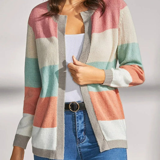 Striped Pattern Ribbed Open Front Knitted Cardigan
