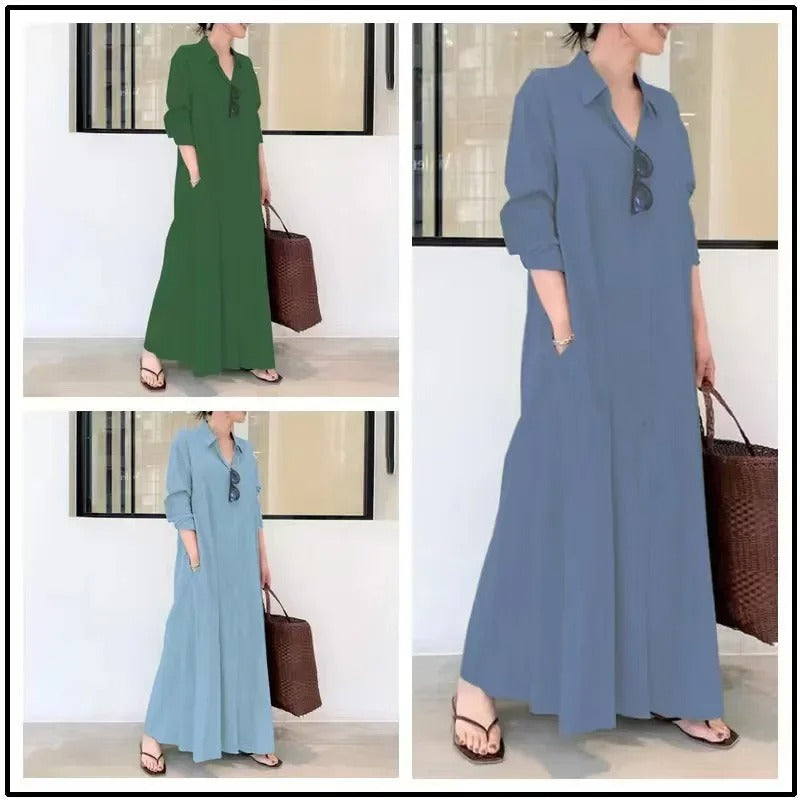 Women's solid color long sleeve pocket casual dress