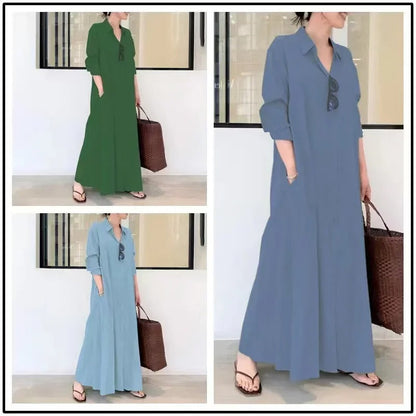 Women's solid color long sleeve pocket casual dress