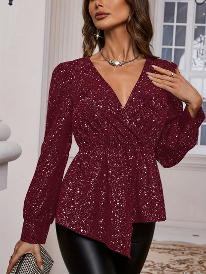 Women's Blouse - V-Neck Wrap Design - Long Sleeve Sparkly Elegant Top