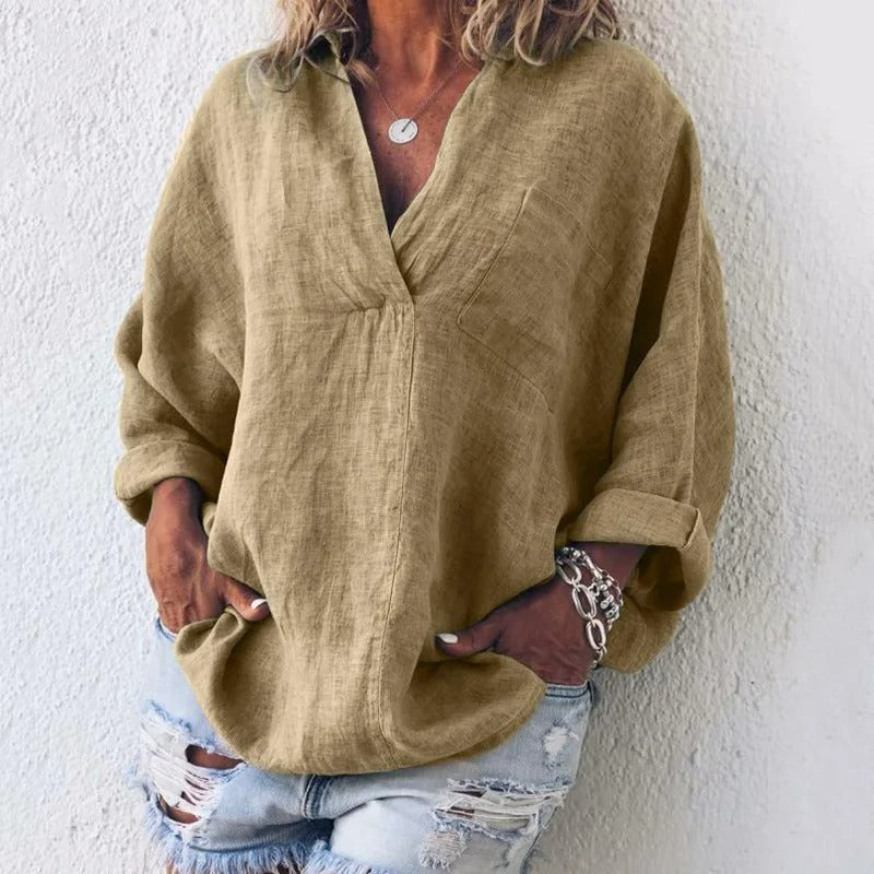 Women's Oversized Linen Blouse - V-Neck Collared - Long Sleeve Lightweight Casual Wear