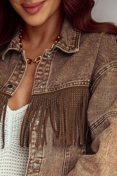 Women's snap button fringe denim jacket