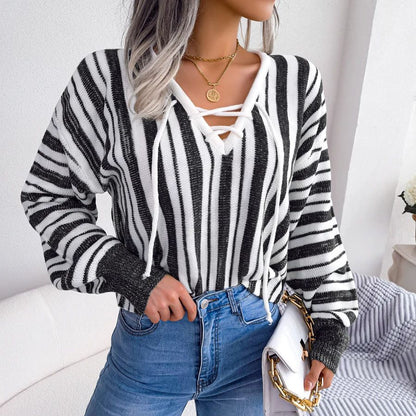 Women’s Knit Sweater - V-Neck Lace-Up - Long Sleeve - Striped Relaxed Fit Casual Wear