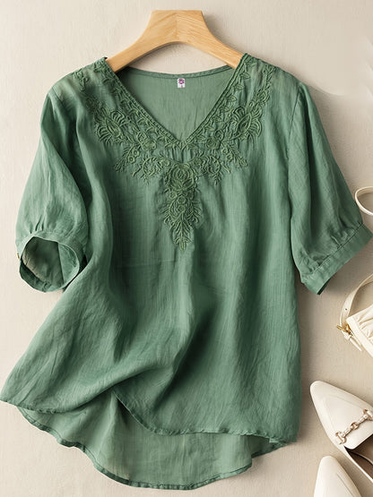 Women's V-Neck Blouse - Embroidered Detail - Short Sleeve - Lightweight & Flowy