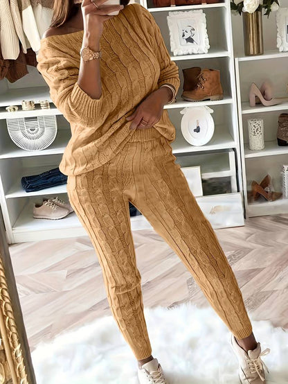 Women's Knit Sweater Set - Cable Knit - Oversized Off-Shoulder Sweater & Slim Pants