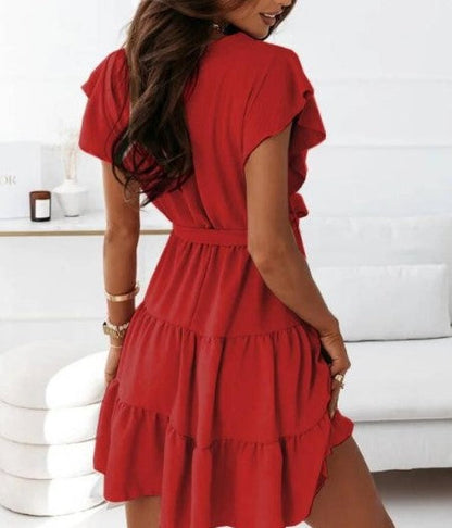 Women's Wrap Dress - V-Neck A-Line - Short Flutter Sleeve - Tiered Skirt