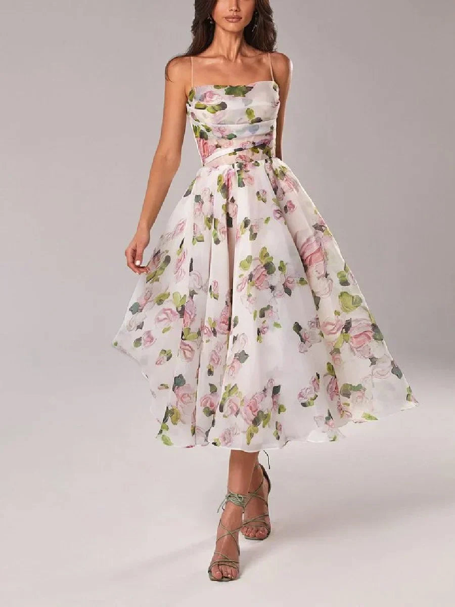 Women’s Midi Dress – A-Line Fit – Floral Chiffon – Spaghetti Straps – Cinched Waist