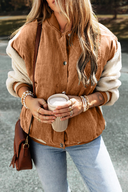 Women’s Jacket - Corduroy Body with Sherpa Sleeves - Button Front - Relaxed Fit Casual Wear