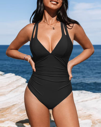 Women’s One-Piece Swimsuit – Shaping Fit – Deep V-Neck – Double Strap – Sleek Design