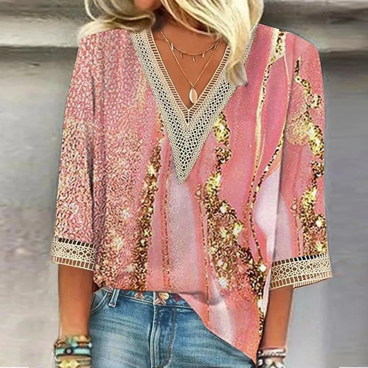 Lace Trim Breathable Loose Fit Blouse