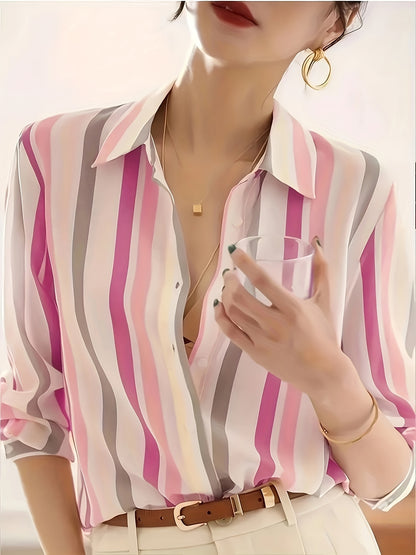 Women's Button-Down Blouse - Classic Collar - Vertical Striped - Long Sleeve