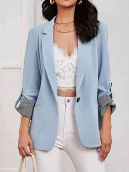 Women's Tailored Blazer - Notched Lapel - Three-Quarter Roll-Tab Sleeves - Open Front