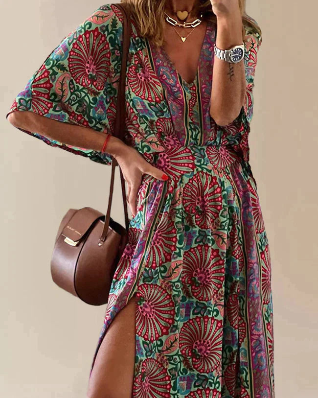 Floral Print Flowy Deep V-Neck Maxi Dress