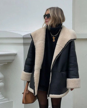 Shearling-lined leather coat for women