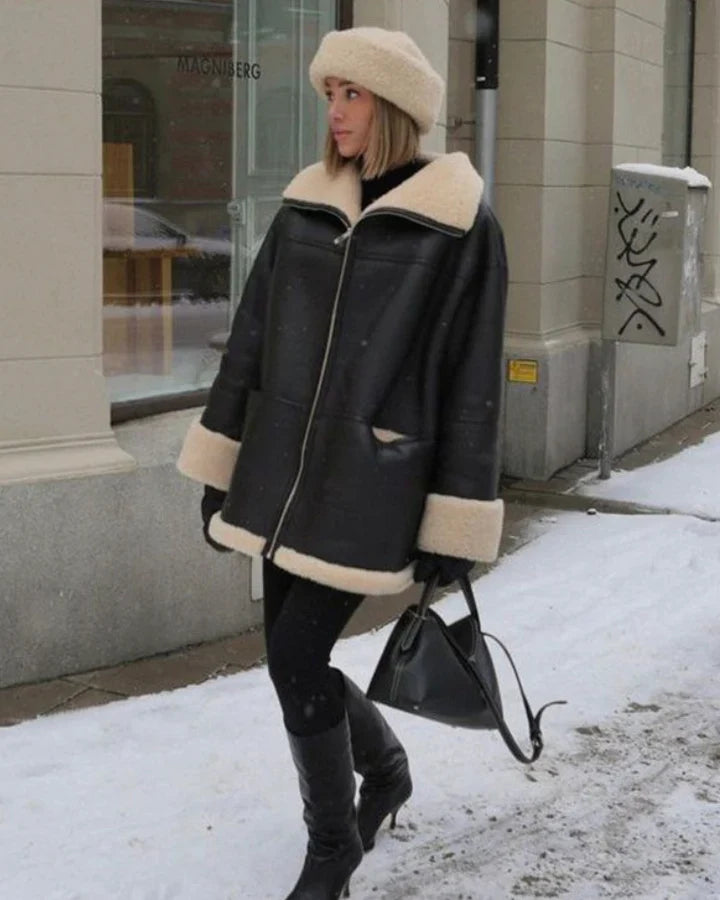 Shearling-lined leather coat for women