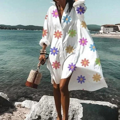 Women’s Shirt Dress - Loose Fit - Long Sleeve Button Down - Casual Beachwear