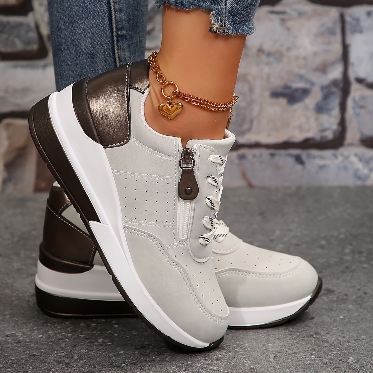 Women's Low-Top Sneakers - Lace-Up - Perforated Design - Cushioned Rubber Sole