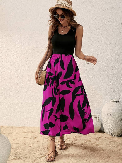 Women's Sleeveless Maxi Dress - Fitted Top - Flowy Botanical Print Skirt - Lightweight
