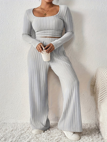 Two-piece ribbed crop top and wide-leg pants lounge set for women