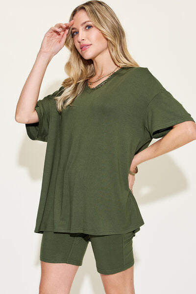 Women's v-neck drop shoulder short sleeve t-shirt and shorts set