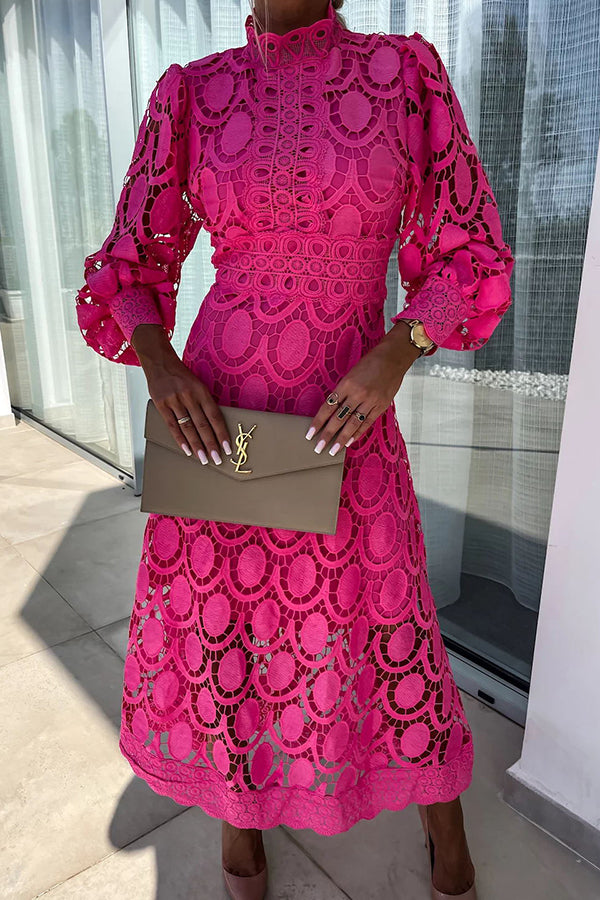 Women's Lace Dress - High Neck - Long Sleeve - Fitted Bodice - Midi Length Elegant Wear