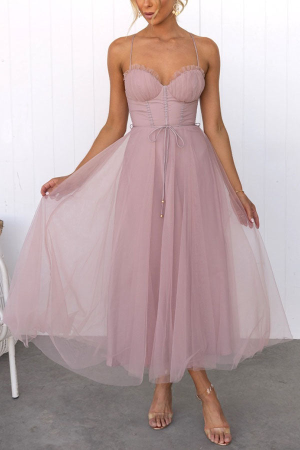Women's Tulle Maxi Dress - Spaghetti Straps - Fitted Bodice - Layered Flowing Skirt