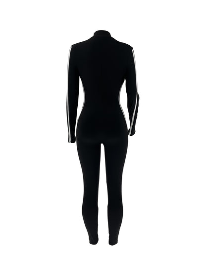 Women’s Jumpsuit - Stretch Fit - Zip Front - Long Sleeve - Contrast Stripe Athleisure