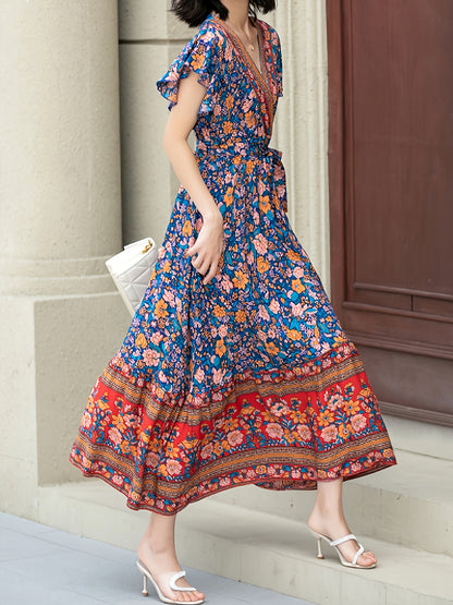 Women’s Maxi Dress - Bohemian Wrap Style - Floral Print - Short Ruffled Sleeves