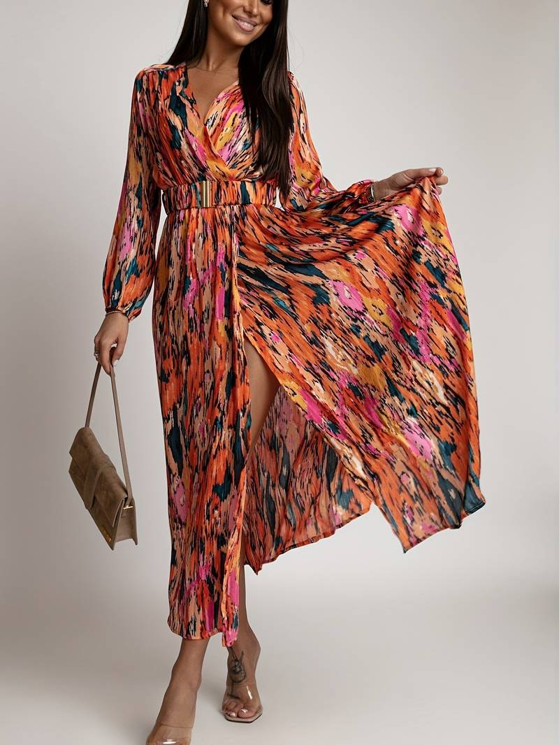 Women's Wrap Dress - V-Neck Long Sleeve - Fitted Waist High Slit Flowy Skirt