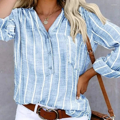 Women's Blouse - V-Neck Button-Up - Striped Design - Long Sleeve Relaxed Fit