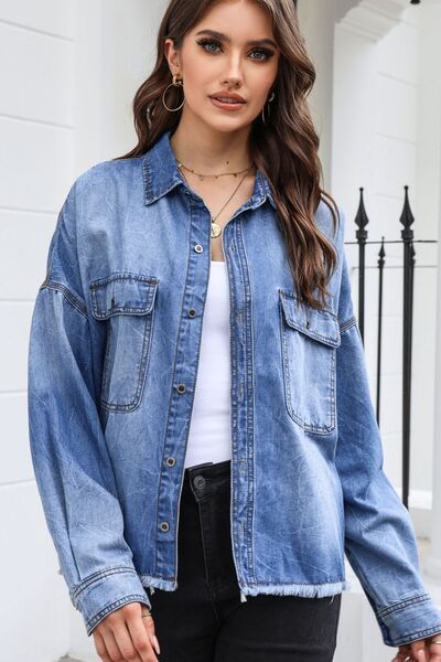 Juliette - raw hem pocketed collared neck denim jacket