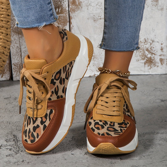 Women's Sneakers - Chunky Sole - Lace-Up - Faux Leather & Fabric - Animal Print