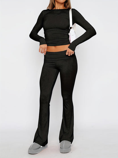 Women’s Two-Piece Set - Long-Sleeve Crew Neck Top & Flared Pants - Slim Fit Casual Wear