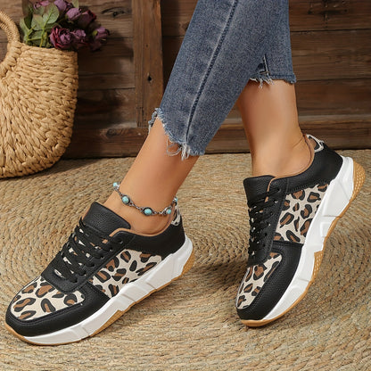 Women's Sneakers - Chunky Sole - Lace-Up - Faux Leather & Fabric - Animal Print