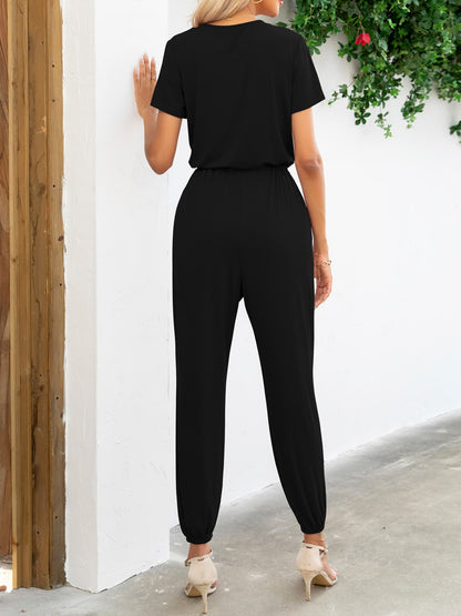 Women's v-neck short sleeve jumpsuit with pockets