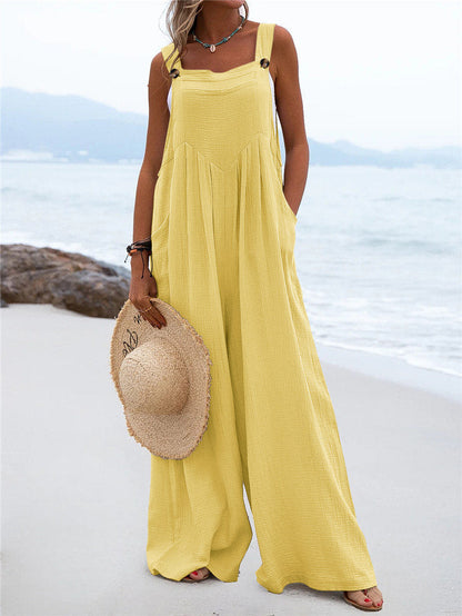 Women's Wide-Leg Jumpsuit - Breathable Fabric - Relaxed Fit - Button Straps & Pockets