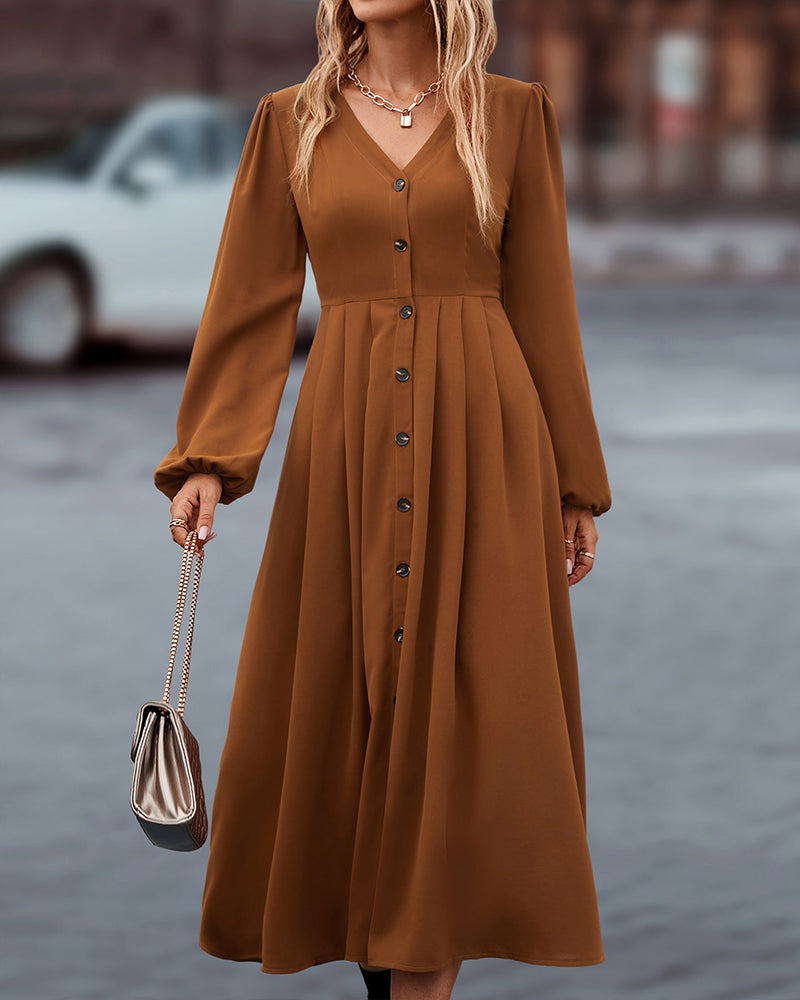 Women's Midi Dress - A-Line Silhouette - V-Neck - Long Puff Sleeves - Button Front