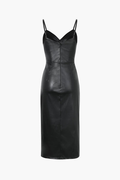 Women's Faux Leather Midi Dress - V-Neck Wrap Bodice - Spaghetti Straps - High Slit