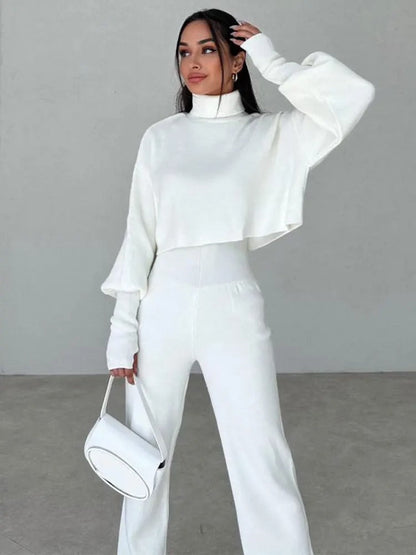 Women's high collar loose long-sleeved tops and pants set