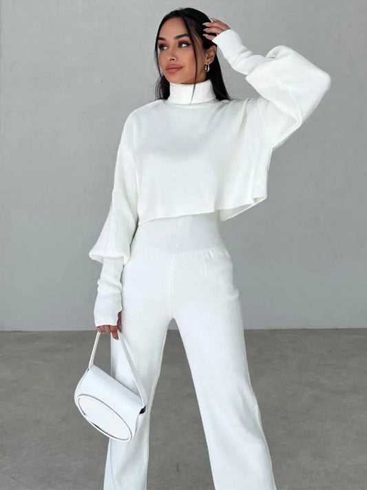 High Collar Loose Long-Sleeved Top And Pant Set