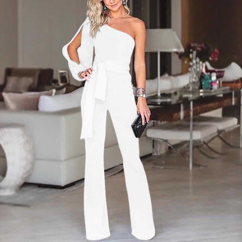 Women’s Elegant Overall - One Shoulder - Slim Fit - Belted Waist - Flared Leg